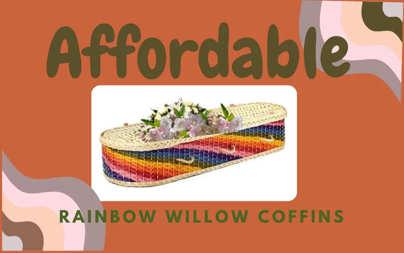 A willow rainbow coffin with rounded edges. A natural light coloured coffin lid. Vibrant rainbow diagonal stripes.