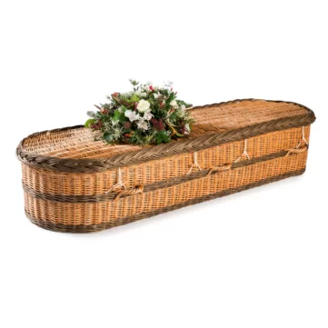 A round ended casket made from sustainable willow with a deep brown stripe