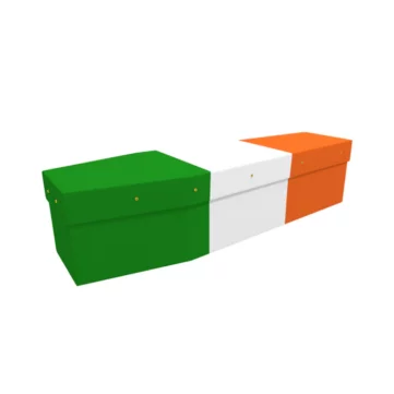 six sided coffin in orange white and green the colour of the Irish flag