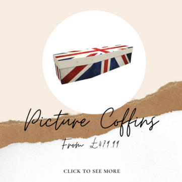 Red white and blue union jack cardboard coffin