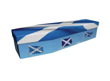 Cardboard coffin with a Scottish flag