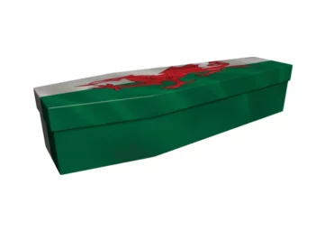 Green coloured picture coffin with welsh flag