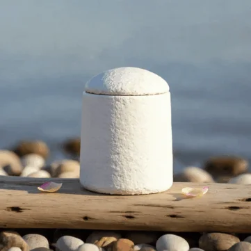 White biodegradable urn with domed lid and organic design