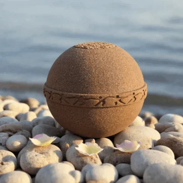Biodegradable spherical urn with natural sand texture